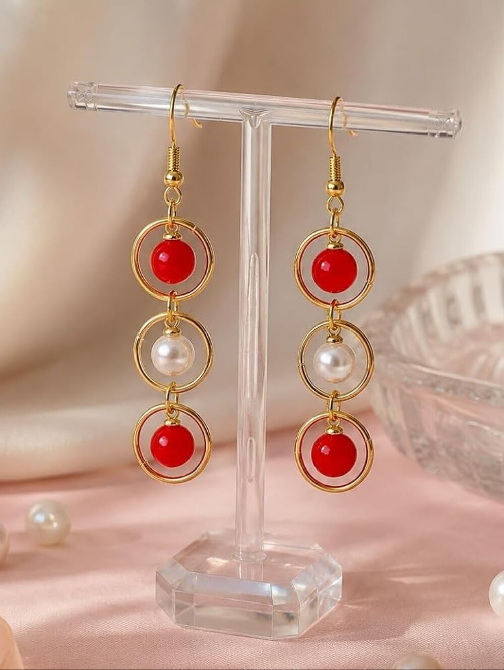 Dangle Earrings Red Bead Drop Earrings
